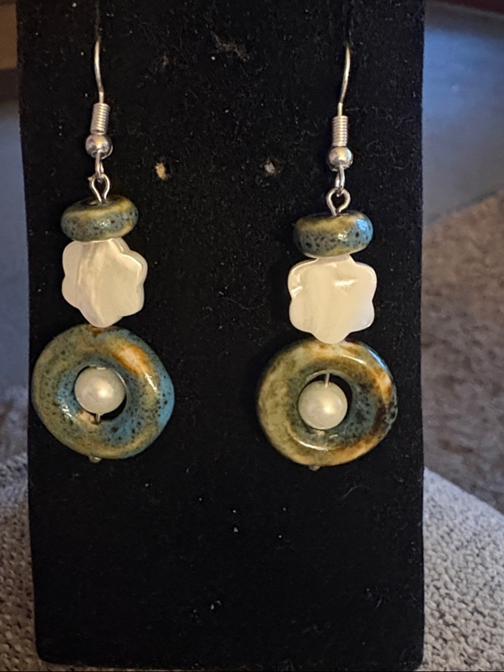 Handcrafted Blue-Green Ceramic Hoop Earrings with White Mother-of-Pearl Accent
